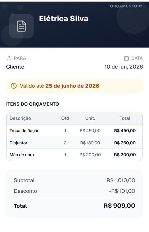 Orçamento profissional gerado no MeAgiliza